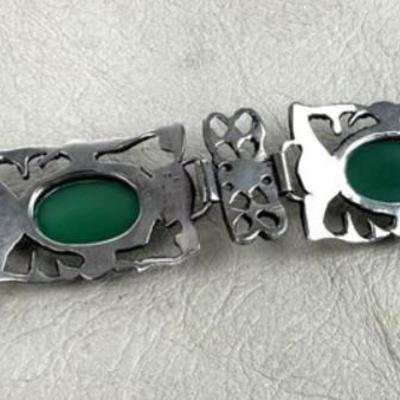 antique Renaissance Revival Sterling Silver & Jadeite Bracelet Italy 1920s