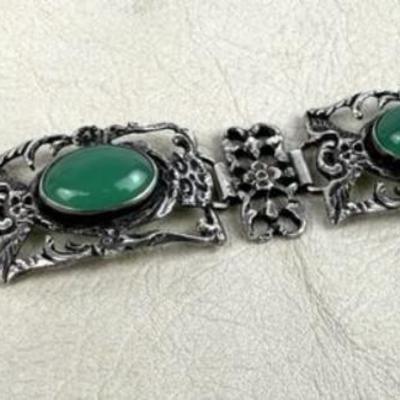 antique Renaissance Revival Sterling Silver & Jadeite Bracelet Italy 1920s