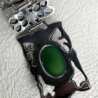 antique Renaissance Revival Sterling Silver & Jadeite Bracelet Italy 1920s
