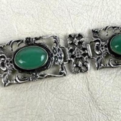 antique Renaissance Revival Sterling Silver & Jadeite Bracelet Italy 1920s