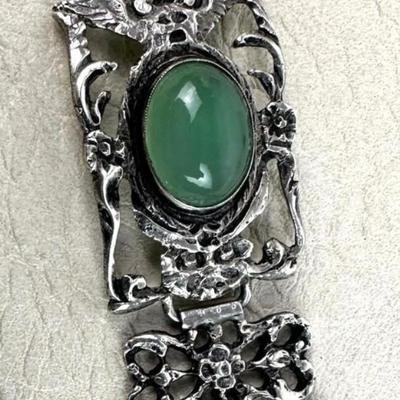 antique Renaissance Revival Sterling Silver & Jadeite Bracelet Italy 1920s
