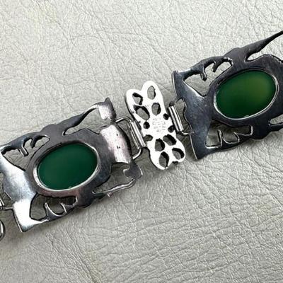 antique Renaissance Revival Sterling Silver & Jadeite Bracelet Italy 1920s