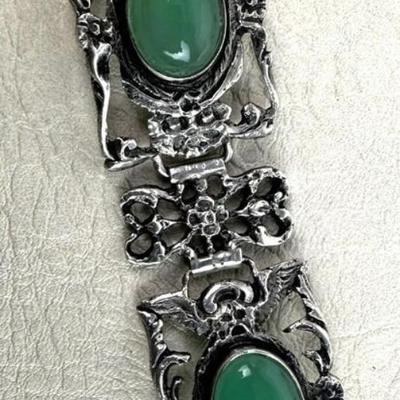 antique Renaissance Revival Sterling Silver & Jadeite Bracelet Italy 1920s