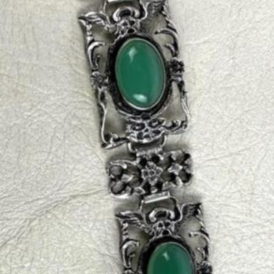 antique Renaissance Revival Sterling Silver & Jadeite Bracelet Italy 1920s