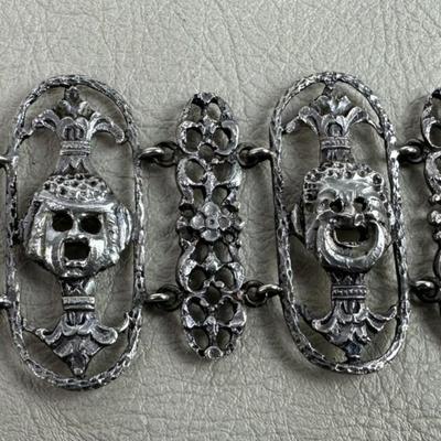 antique Renaissance Revival Sterling Silver Mask Panel Bracelet 1920s