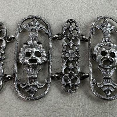 antique Renaissance Revival Sterling Silver Mask Panel Bracelet 1920s