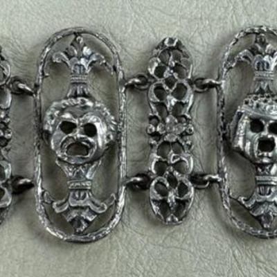 antique Renaissance Revival Sterling Silver Mask Panel Bracelet 1920s