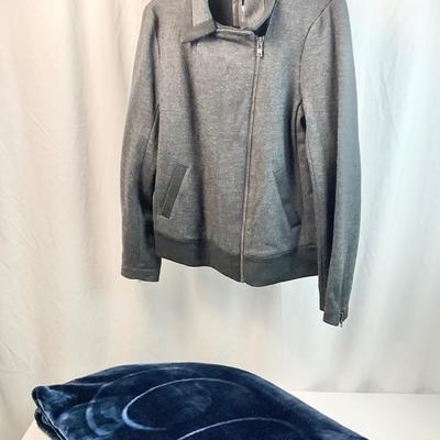 Lot L 348 NWT J.Crew Women’s Grey with Black Trim Jacket (size 12) & NAVY BLUE PLUSH THROW