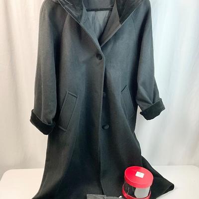 Lot L 349 Beautiful Full Length Forecaster of Boston Black Wool Coat with Black Velvet Trim/Buttons/Hood (size XL)& Isotoner Black...