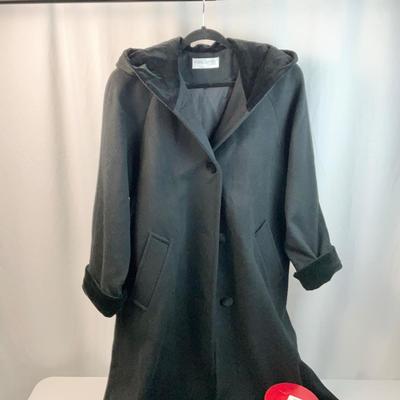 Lot L 349 Beautiful Full Length Forecaster of Boston Black Wool Coat with Black Velvet Trim/Buttons/Hood (size XL)& Isotoner Black...