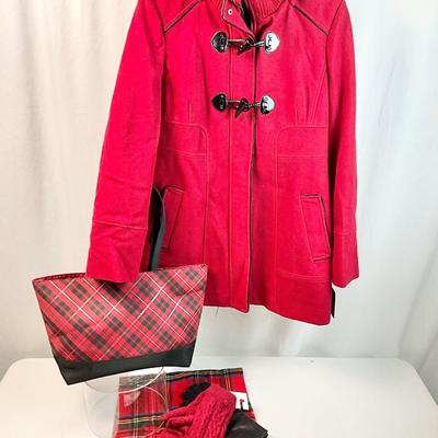 Lot L 351 NWT Guess Red Wool Ladies Coat (size Lg) , Knit Mittens, Black Leather Gloves, Plaid Scarf, Red/Black Plaid Shoulder Bag
