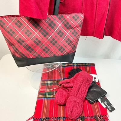 Lot L 351 NWT Guess Red Wool Ladies Coat (size Lg) , Knit Mittens, Black Leather Gloves, Plaid Scarf, Red/Black Plaid Shoulder Bag