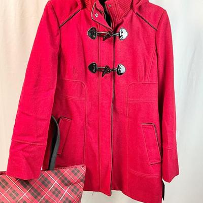 Lot L 351 NWT Guess Red Wool Ladies Coat (size Lg) , Knit Mittens, Black Leather Gloves, Plaid Scarf, Red/Black Plaid Shoulder Bag