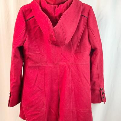 Lot L 351 NWT Guess Red Wool Ladies Coat (size Lg) , Knit Mittens, Black Leather Gloves, Plaid Scarf, Red/Black Plaid Shoulder Bag