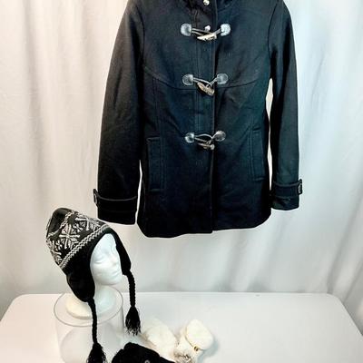 Lot M 353 MICHAEL KORS Black Wool Hooded Toggle Coat (size 8), Hat & Mittens