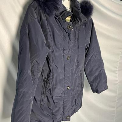 Lot M 358 Anne Klein Navy Down Coat with Faux Fur Trimmed Hood (size Medium)