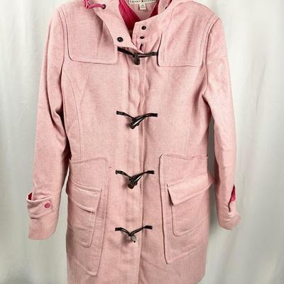 Lot M 363 Tommy Hilfiger Women’s Wool Blend Coat with Hood, Zip & Toggle Closures (size Lg ) / Knit Scarf & Gloves