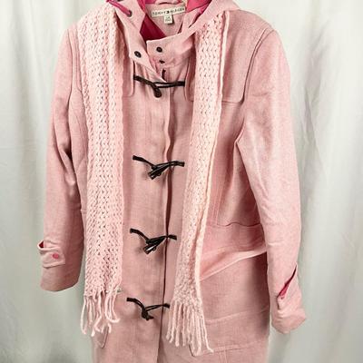 Lot M 363 Tommy Hilfiger Women’s Wool Blend Coat with Hood, Zip & Toggle Closures (size Lg ) / Knit Scarf & Gloves