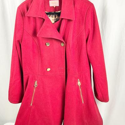Lot M 367 Laundry Women’s Red Wool Blend Coat (size XL ) / Fur Trimmed Gloves / Ear Muffs / Scarf