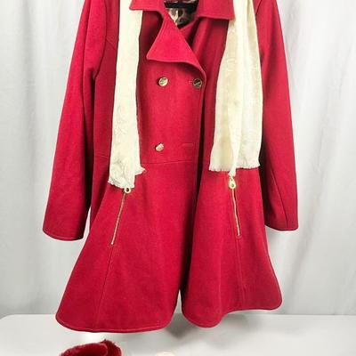 Lot M 367 Laundry Women’s Red Wool Blend Coat (size XL ) / Fur Trimmed Gloves / Ear Muffs / Scarf