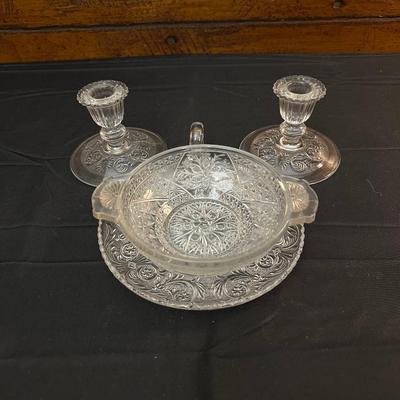 Glass Pattered Candle Holders, Plate and Dish