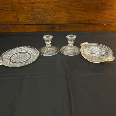 Glass Pattered Candle Holders, Plate and Dish