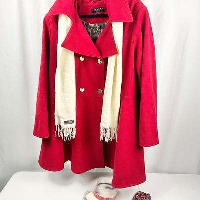 Lot M 370 Laundry Women’s Red Wool Blend Coat (size XL ) / Cashmere Scarf / Gloves / Ear Muffs