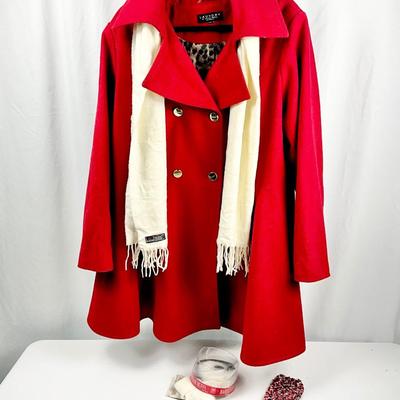 Lot M 370 Laundry Women’s Red Wool Blend Coat (size XL ) / Cashmere Scarf / Gloves / Ear Muffs