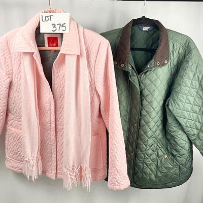 Lot L 375 Lands’ End Light Quilted Olive Green Jacket (size XXL ) / Sprit Quilted Pink Jacket with Scarf ( size Lg)