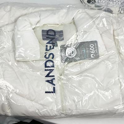 Lot F 376 NWT Lands’ End White Puffer Vest (size 2X) / NWT Lands’ End Black & White Striped Cape / NWT Ear Muffs / NWT Throw /...