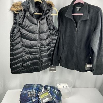 Lot N 378 NWT Eddie Bauer Black Vest with Faux Fur Trimmed Hood ( sizeXXL ) / Black Fleece Jacket ( size XXL ) / NWT Oversized Down Throw