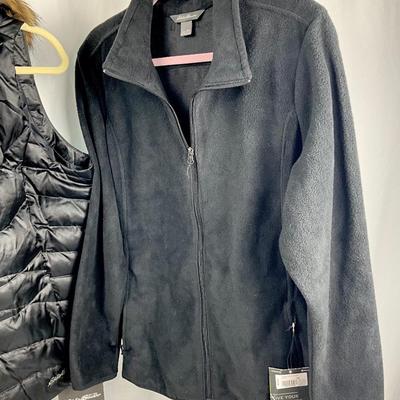 Lot N 378 NWT Eddie Bauer Black Vest with Faux Fur Trimmed Hood ( sizeXXL ) / Black Fleece Jacket ( size XXL ) / NWT Oversized Down Throw