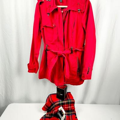 Lot N 379 NWT Tommy Hilfiger Red Trench Coat / NWT Red Plaid Cashmink Scarf / Faux Fur Ear Muffs / NWT LODIS Black with Red Leather Bifold