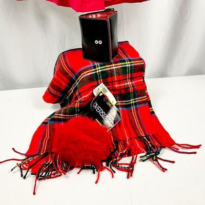 Lot N 379 NWT Tommy Hilfiger Red Trench Coat / NWT Red Plaid Cashmink Scarf / Faux Fur Ear Muffs / NWT LODIS Black with Red Leather Bifold