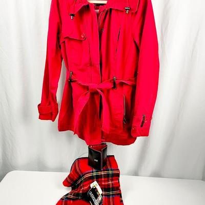 Lot N 379 NWT Tommy Hilfiger Red Trench Coat / NWT Red Plaid Cashmink Scarf / Faux Fur Ear Muffs / NWT LODIS Black with Red Leather Bifold