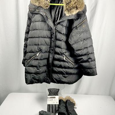 Lot N 380 MICHAEL KORS Puffer Coat with faux Fur Collar ( size 2X ) / Matching Mittens / Black Leather Gloves / Umbrella