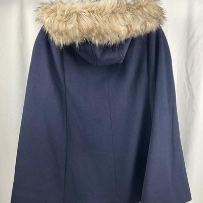 Lot N 381 Eliza J. Navy Blue Wool Cape with Faux Fur Trimmed Hood, Toggle Closure