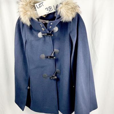 Lot N 381 Eliza J. Navy Blue Wool Cape with Faux Fur Trimmed Hood, Toggle Closure