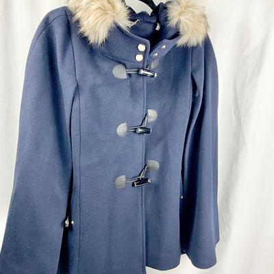 Lot N 381 Eliza J. Navy Blue Wool Cape with Faux Fur Trimmed Hood, Toggle Closure