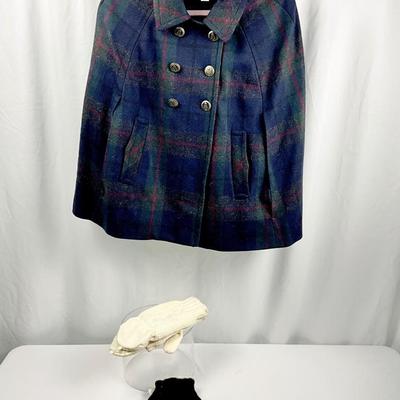 Lot N 388 LOFT Tartan Wool Plaid Double Breasted Cape / Knit Mittens / Gloves