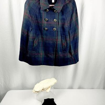 Lot N 388 LOFT Tartan Wool Plaid Double Breasted Cape / Knit Mittens / Gloves
