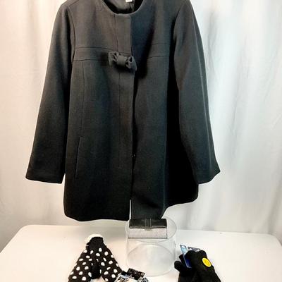 Lot N 394 Beautiful J. Crew Black Wool Blend Bow Coat with hidden button closure ( size XL) / Mittens / Gloves / Liz Claiborne...