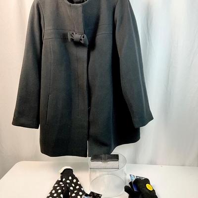 Lot N 394 Beautiful J. Crew Black Wool Blend Bow Coat with hidden button closure ( size XL) / Mittens / Gloves / Liz Claiborne...