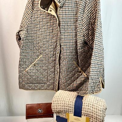 Lot N 398 Lands’ End Light Weight Plaid Jacket ( size 2X) / NWT Chunky Knit Throw / NWT Wilsons Leather Wallet