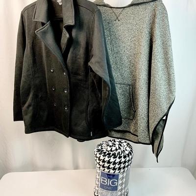 Lot N 397 Eddie Bauer Hooded Sweatshirt Pancho ( size Medium) / Eddie Bauer Black Light Weight Double Breasted Jacket ( size XL) / NWT...
