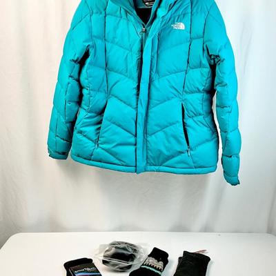 Lot N 399 North Face Ladies Hooded Winter Jacket ( size XL) / NWT Smart Touch Gloves / NWT Leather Mittens / NWT Ear Muffs