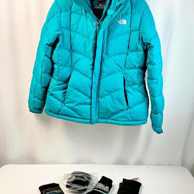 Lot N 399 North Face Ladies Hooded Winter Jacket ( size XL) / NWT Smart Touch Gloves / NWT Leather Mittens / NWT Ear Muffs
