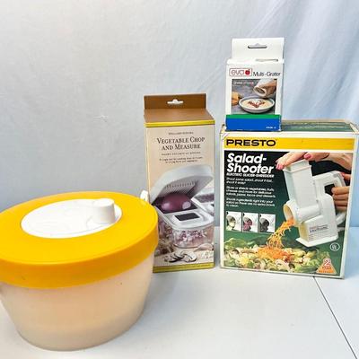 Lot T 425 NIB Presto Salad Shooter / NIB William-Sonoma Vegetable Chopper / NIB Eva Multi Grater / Salad Spinner