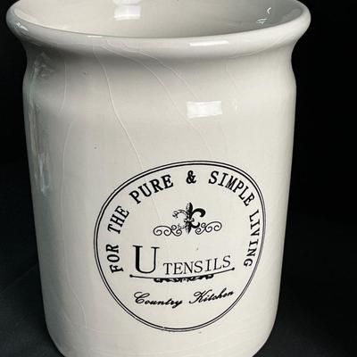 Lot S 434 Set of Three Pier 1 Imports Ceramic Canisters with Wooden Lids & One Ceramic Utensils Jar