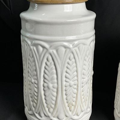 Lot S 434 Set of Three Pier 1 Imports Ceramic Canisters with Wooden Lids & One Ceramic Utensils Jar